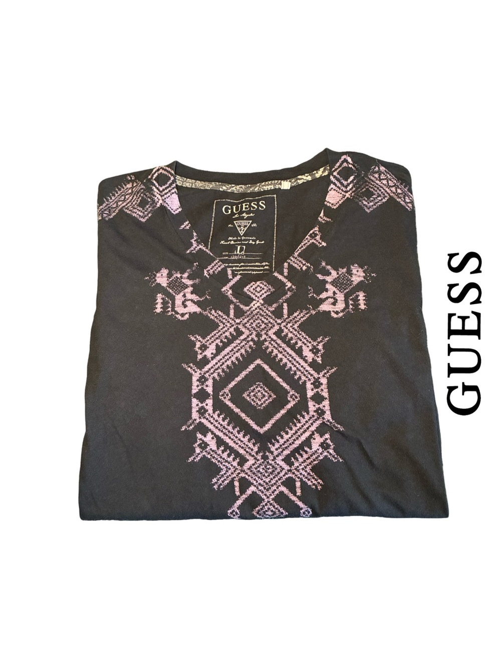 GUESS Men’s Black Short Sleeve V-Neck Tee w/Lavender Guatemalan Inspired Print